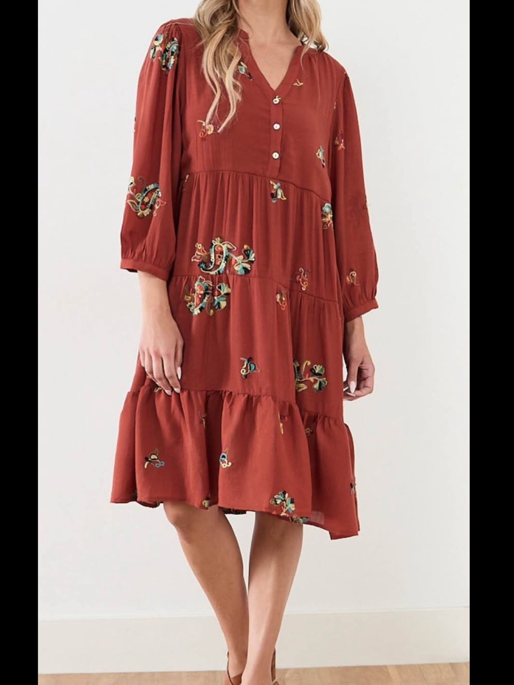 cleo Rust Floral Tiered Midi Dress
